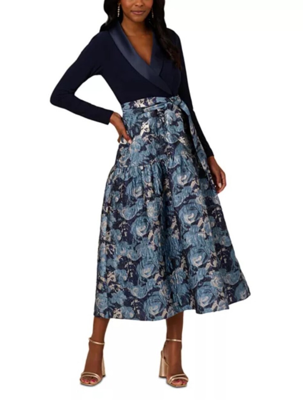 Adrianna Papell Jersey Jacquard Tuxedo Dress Navy Floral 14